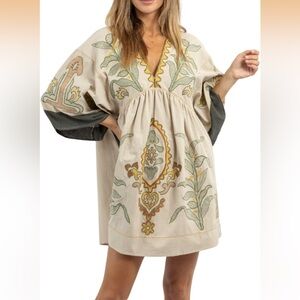 Embroidered Cream and Green babydoll Dress